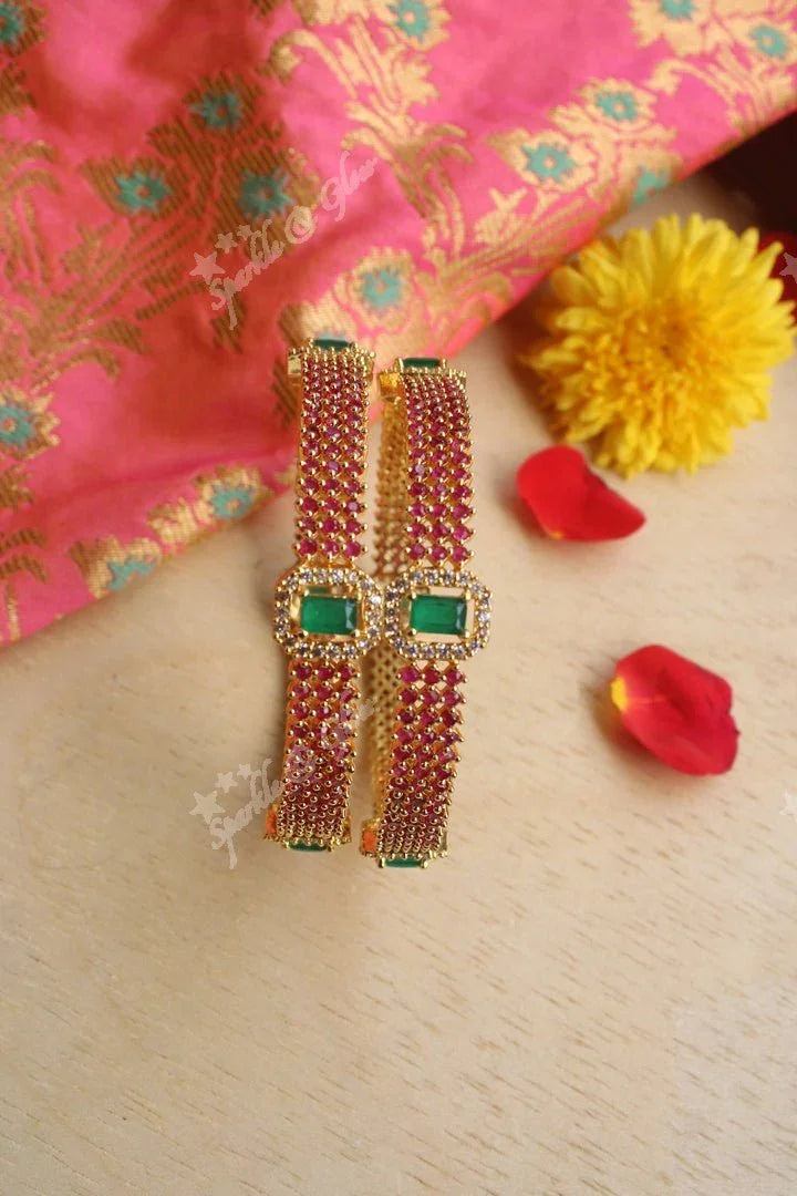Gold Polished AD Stones bangles a Pair -Green - 2.4 - Sparkle and Glow
