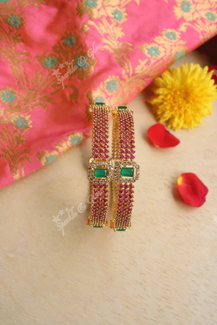 Gold Polished AD Stones bangles a Pair -Green - 2.4 - Sparkle and Glow