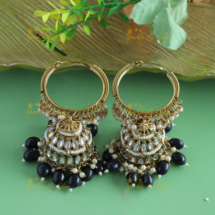 Sparkling Kundan Floral Hoop jhumukas with blue beads