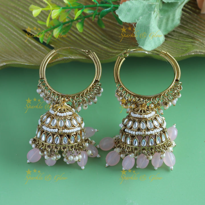 Sparkling Kundan Floral Hoop jhumukas with blue beads