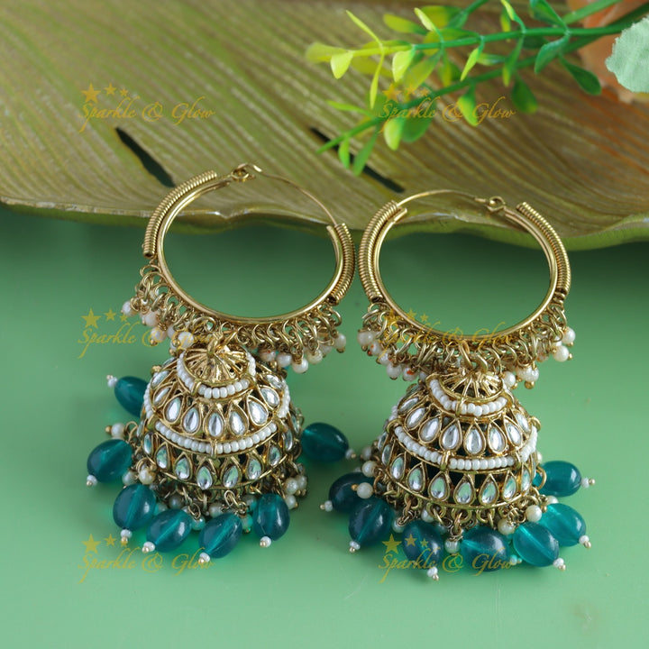 Sparkling Kundan Floral Hoop jhumukas with blue beads
