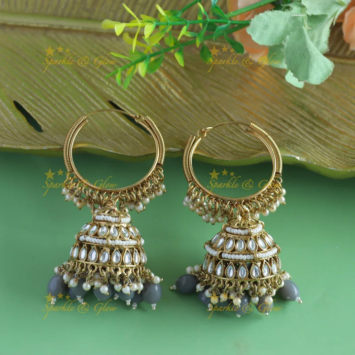 Blue Beaded Kundan Floral Hoop Earrings