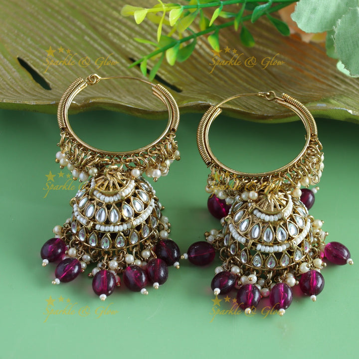 Sparkling Kundan Floral Hoop jhumukas with blue beads