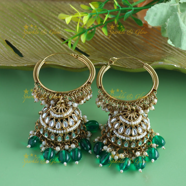 Sparkling Kundan Floral Hoop jhumukas with blue beads