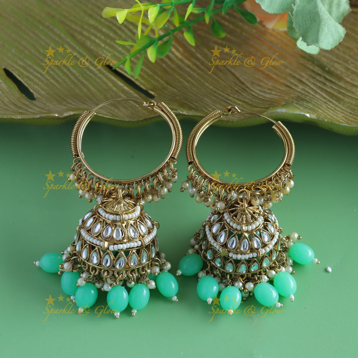 Sparkling Kundan Floral Hoop jhumukas with blue beads