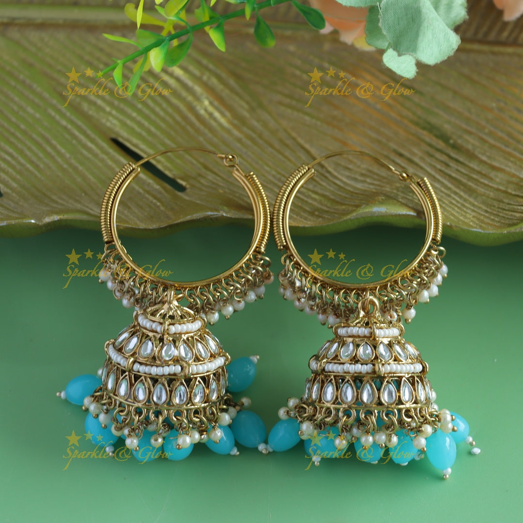 Sparkling Kundan Floral Hoop jhumukas with blue beads