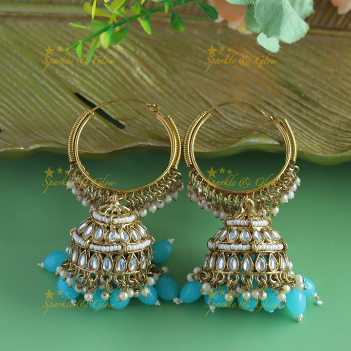 Sparkling Kundan Floral Hoop jhumukas with blue beads