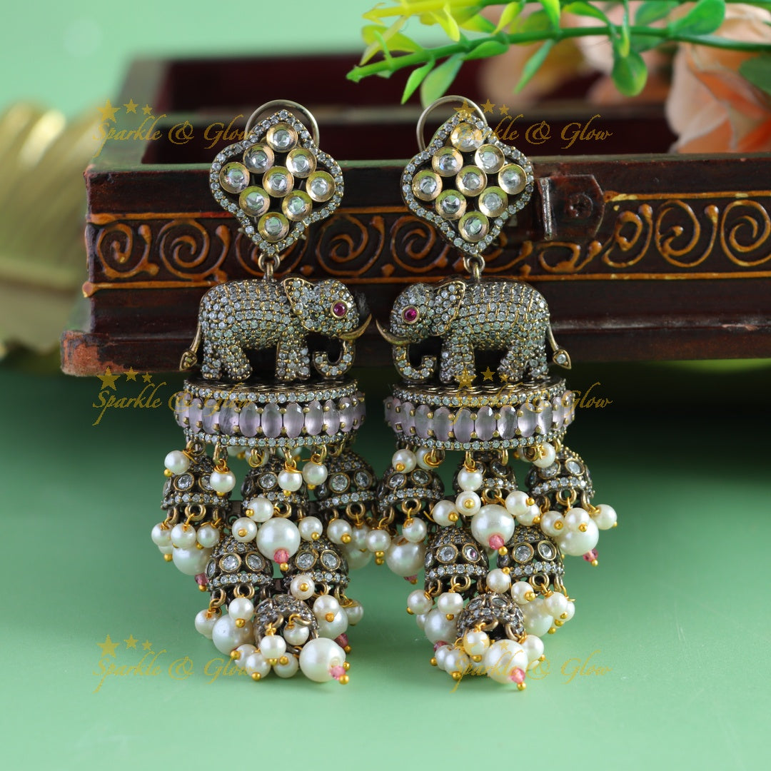 Grand Floral Elephant carved Victorian AD Earrings with hanging jhumukas