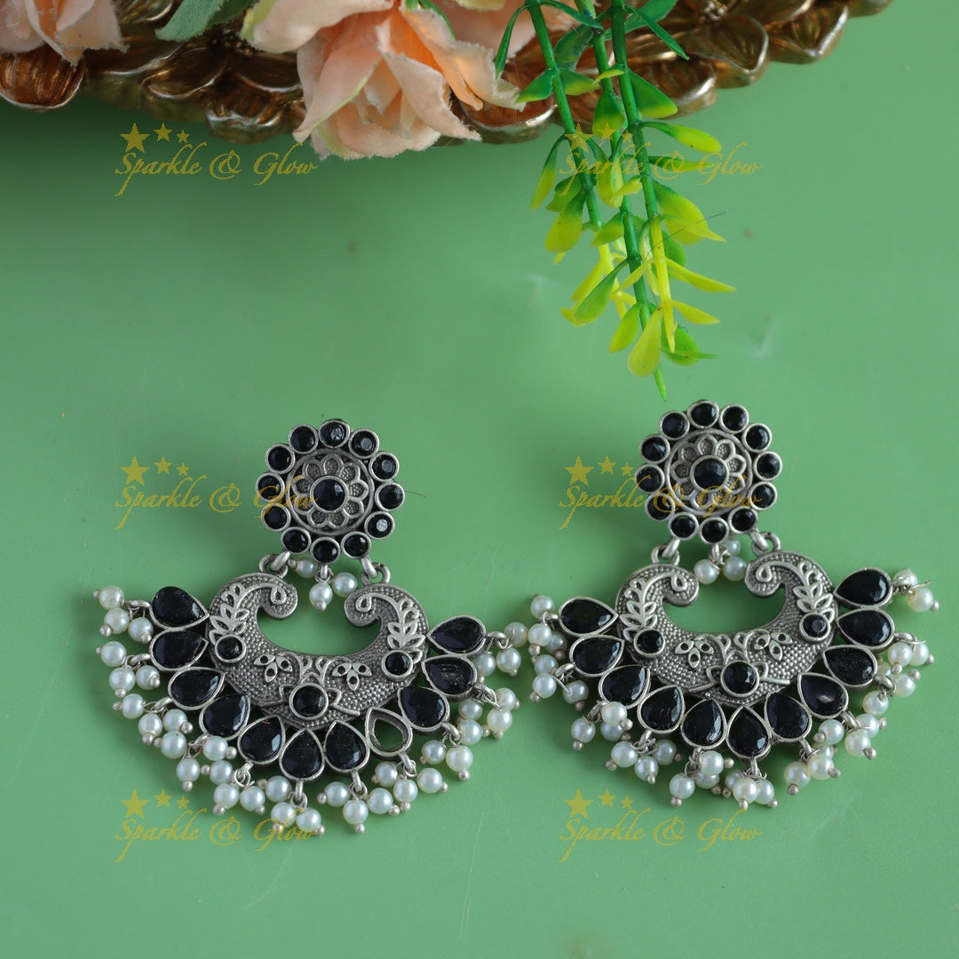 Elegant Silver look alike Dual tone Peacock Floral bali earrings