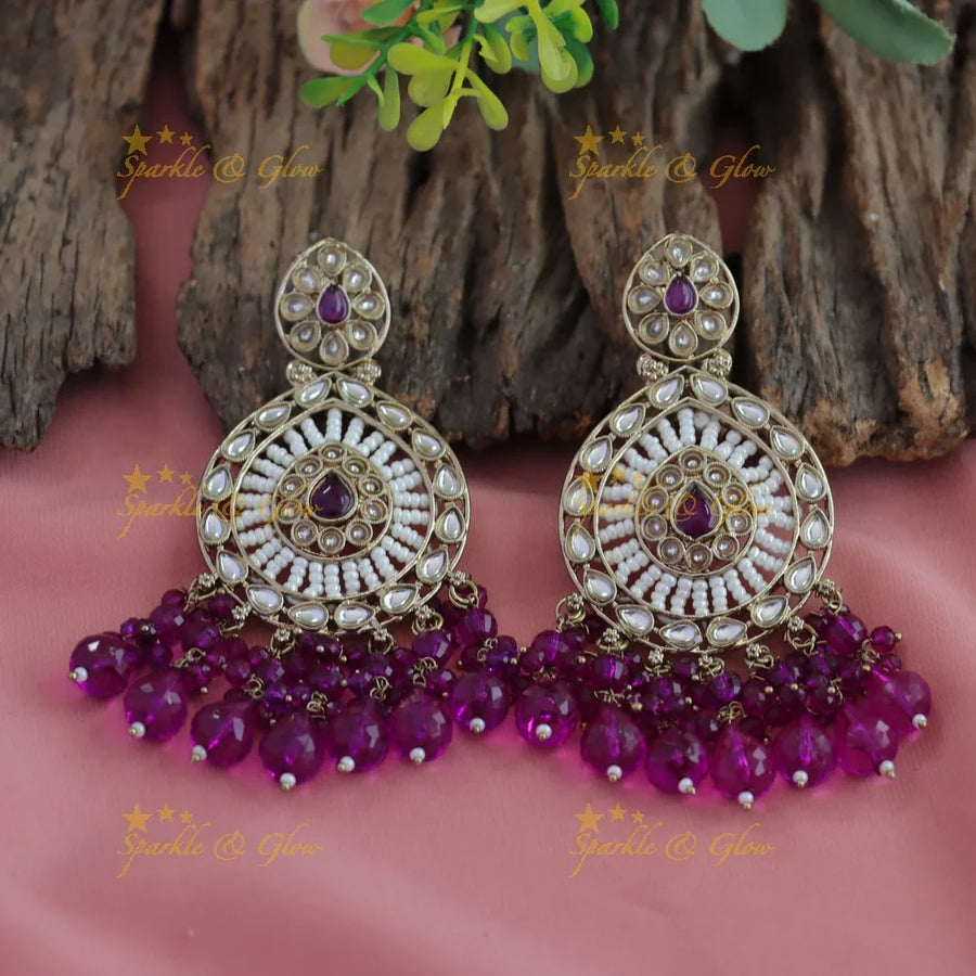 Stunning Floral design kundan stone Balis with pearls and beads - purple - Sparkle and Glow