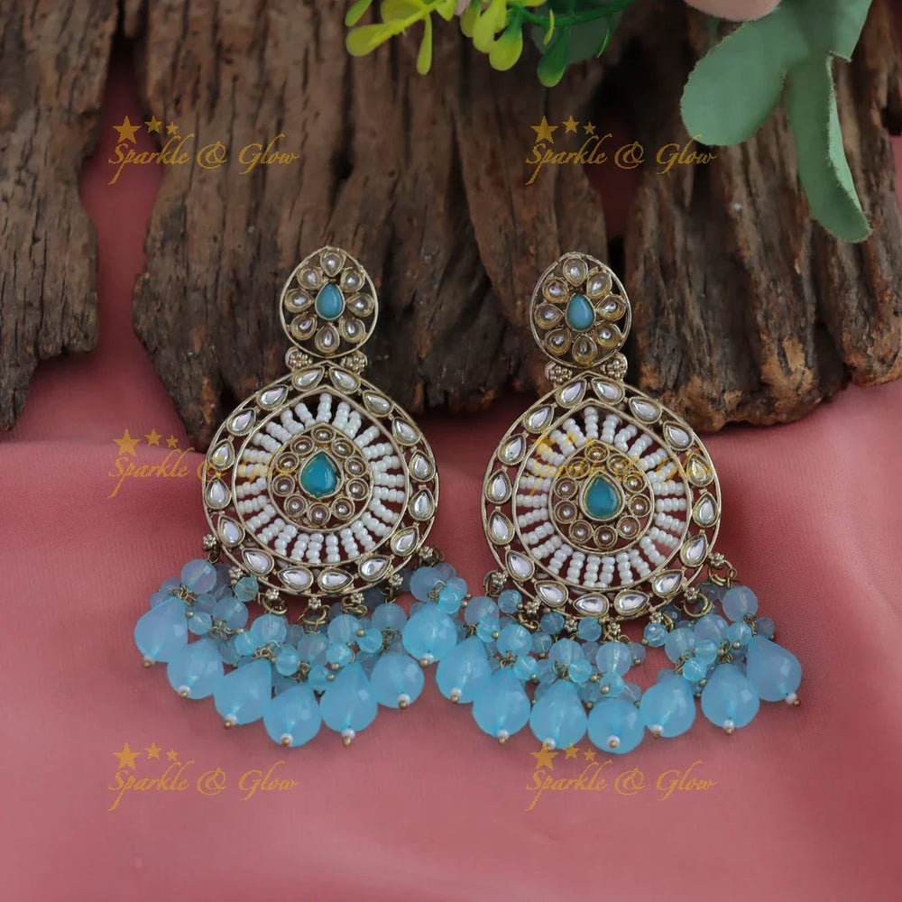 Stunning Floral design kundan stone Balis with pearls and beads - purple - Sparkle and Glow