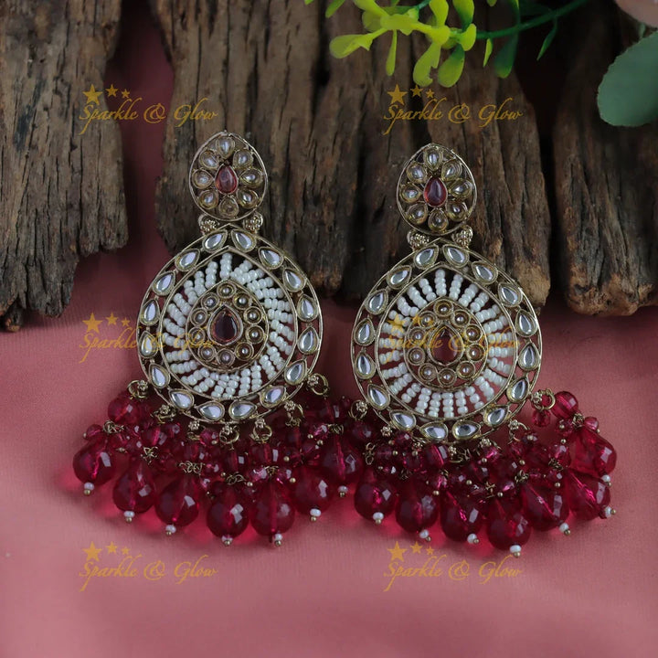 Stunning Floral design kundan stone Balis with pearls and beads - purple - Sparkle and Glow