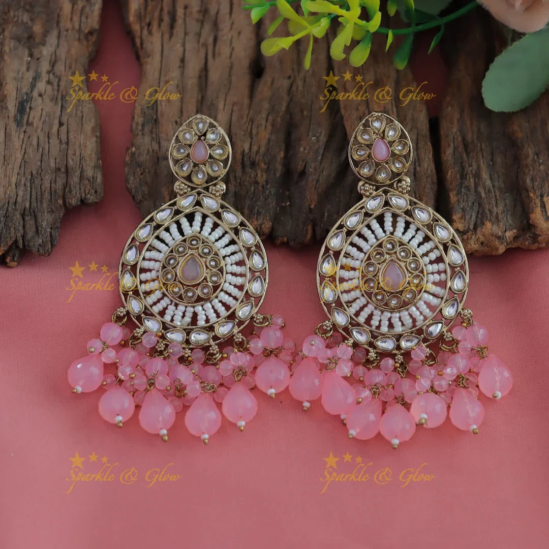 Stunning Floral design kundan stone Balis with pearls and beads - purple - Sparkle and Glow