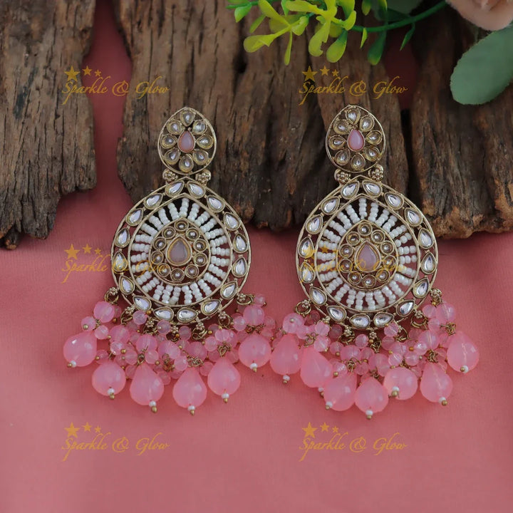 Stunning Floral design kundan stone Balis with pearls and beads - purple - Sparkle and Glow