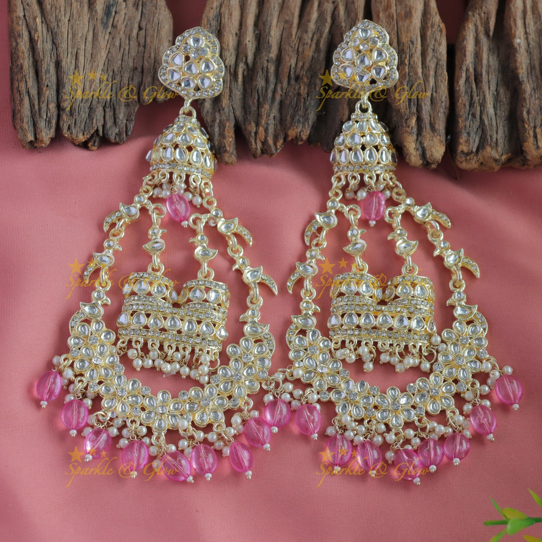 Grand Floral and bird design kundan stone Balis with beads