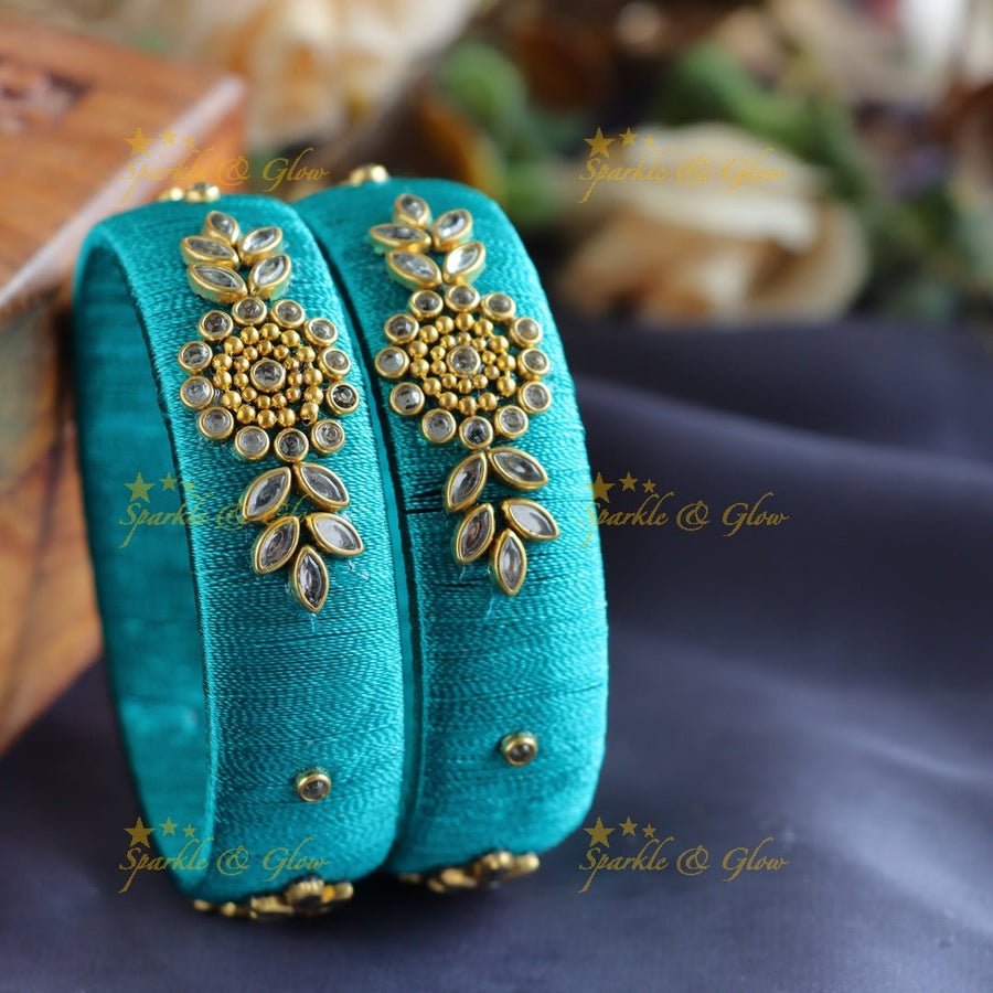 Stunning Flower and Leaf design Silk thread Bangles - Skyblue - Sparkle and Glow - 1.10 - 