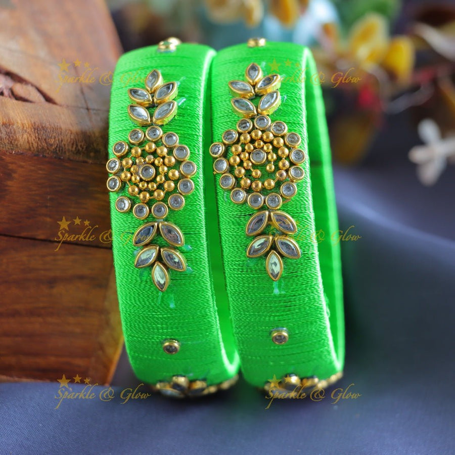 Stunning Flower and Leaf design Silk thread Bangles - Parrot green - Sparkle and Glow - 1.10 - 