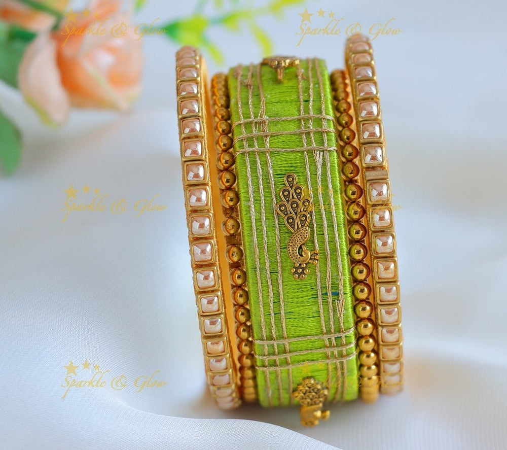 Stunning Peacock Kundan Work Silk thread Bangles - Light green - Sparkle and Glow - 1.10 - 