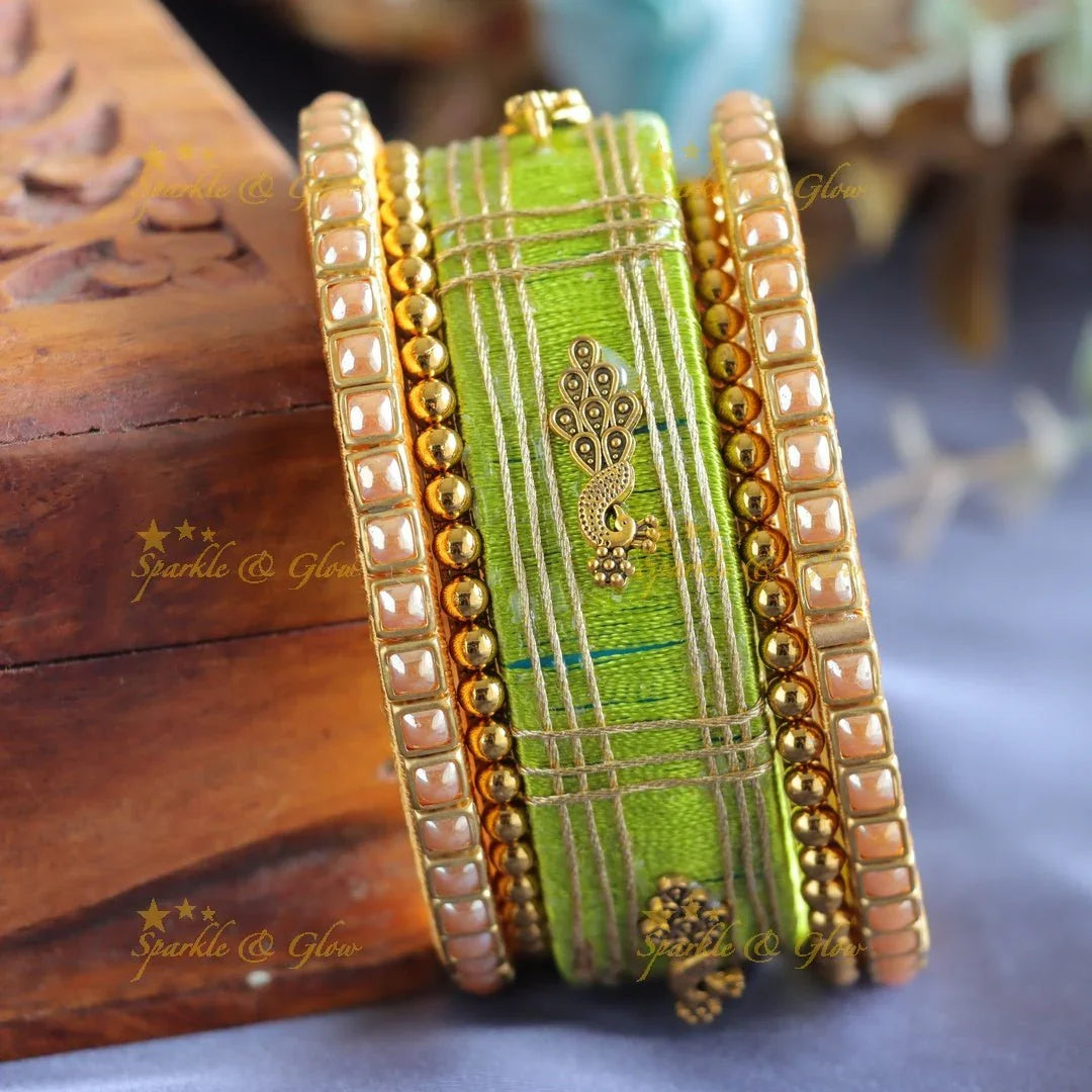 Light Green Silk Thread Kundan Peacock Bangles- One hand