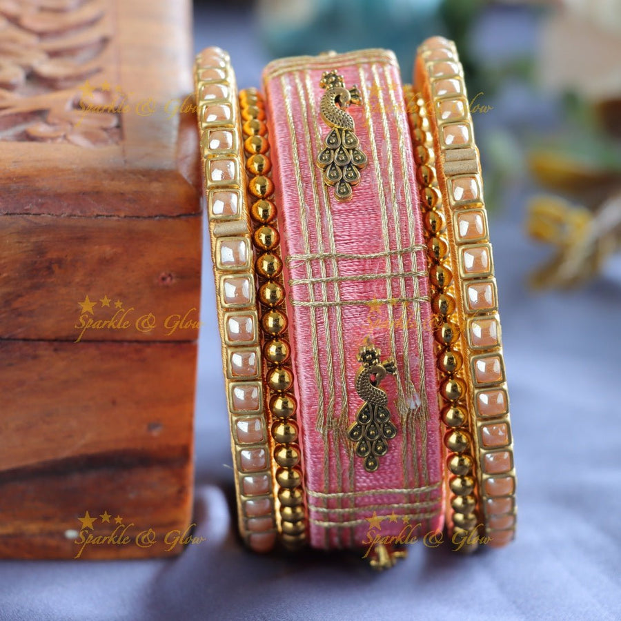 Stunning Peacock Kundan Work Silk thread Bangles - Light pink - Sparkle and Glow - 1.10 - 