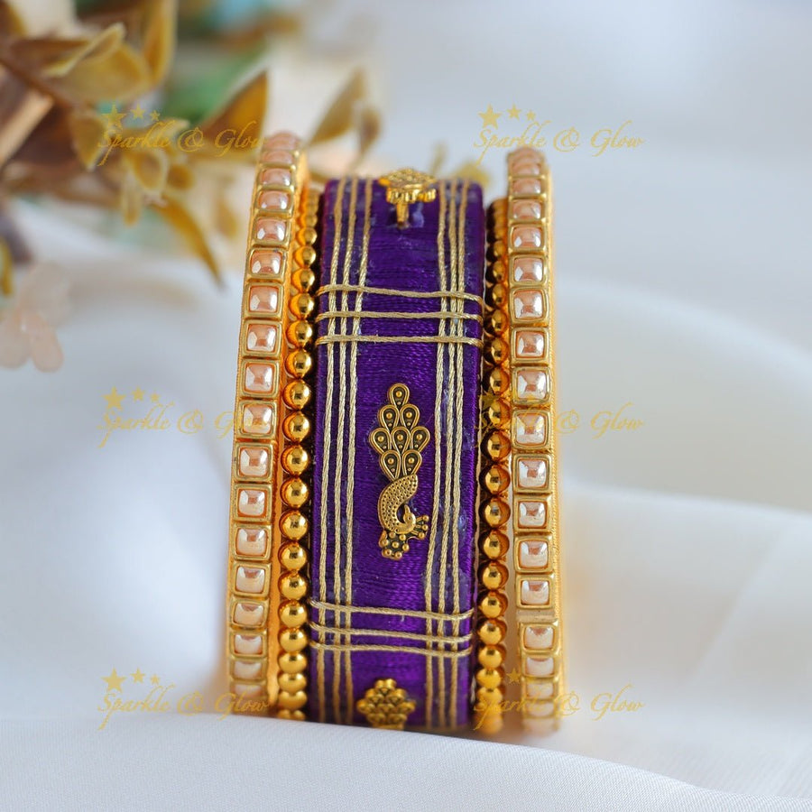 Stunning Peacock Kundan Work Silk thread Bangles - Purple - Sparkle and Glow - 1.10 - 