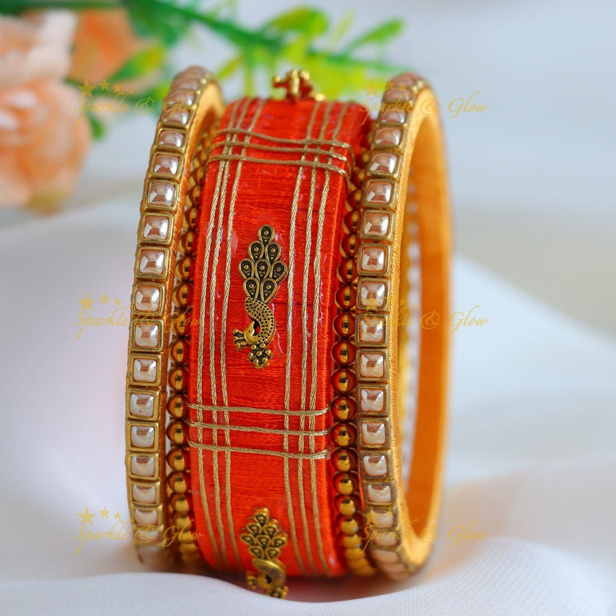 Stunning Peacock Kundan Work Silk thread Bangles - Orange - Sparkle and Glow - 1.10 - 