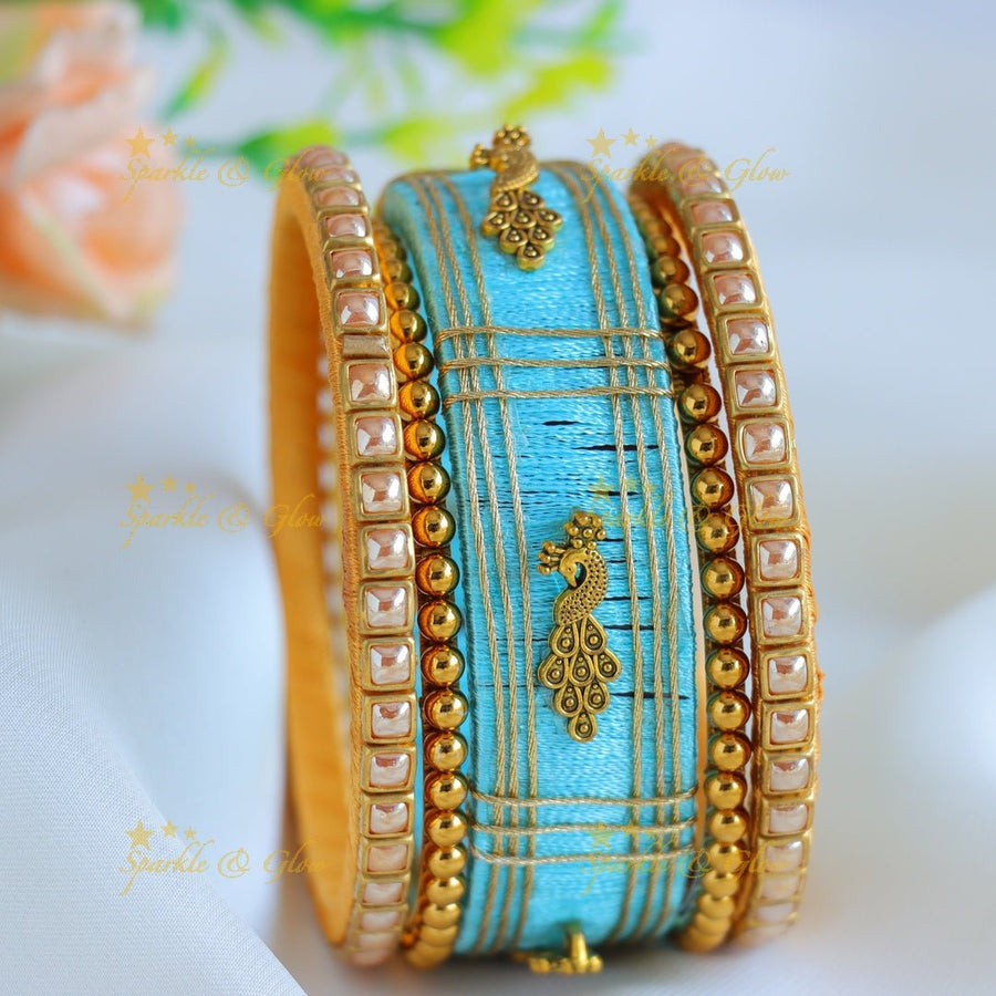 Stunning Peacock Kundan Work Silk thread Bangles - Skyblue - Sparkle and Glow - 1.10 - 