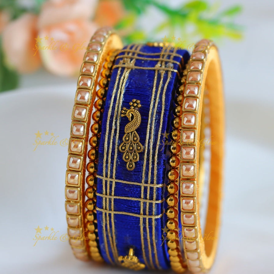 Stunning Peacock Kundan Work Silk thread Bangles - Blue - Sparkle and Glow - 1.10 - 