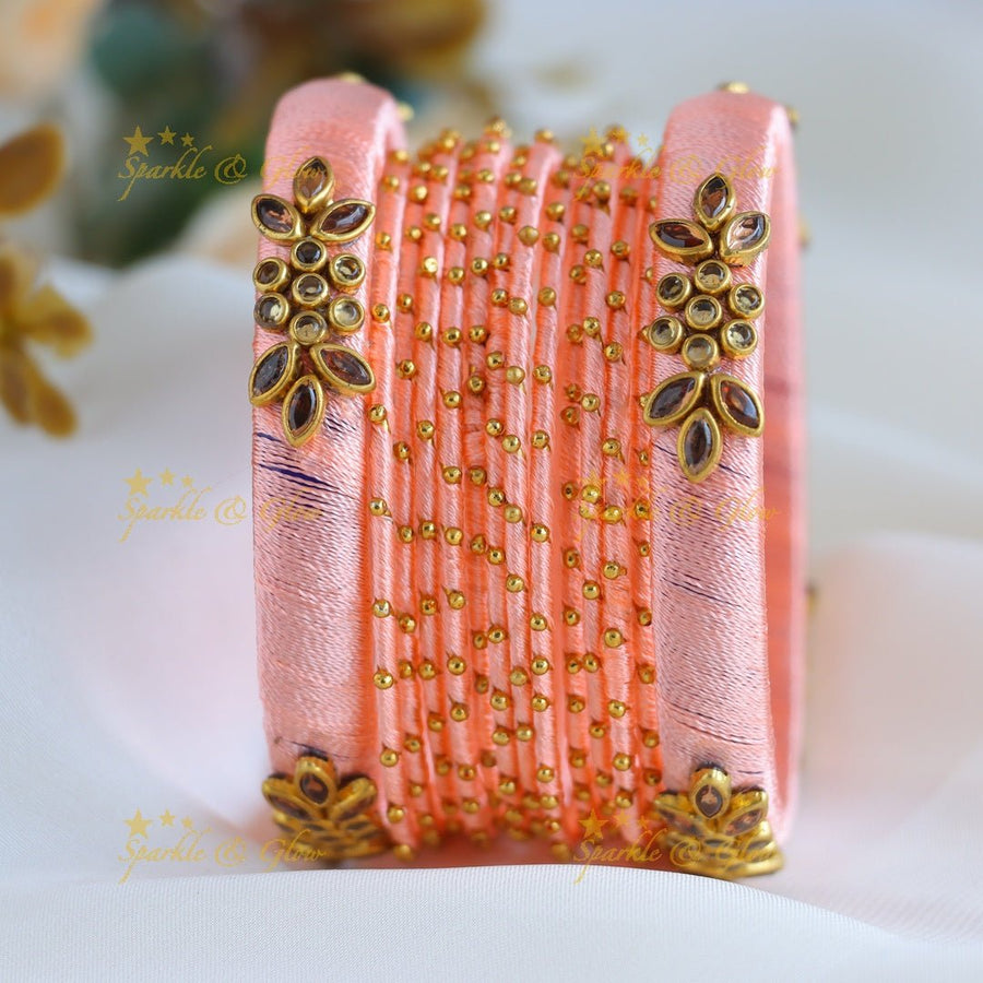Beautiful Floral Kundan work Silk thread bridal Bangles - Light pink - Sparkle and Glow - 1.10 - 