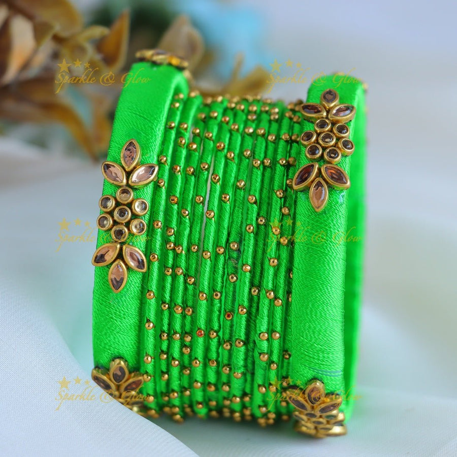 Beautiful Floral Kundan work Silk thread bridal Bangles - Light green - Sparkle and Glow - 1.10 - 