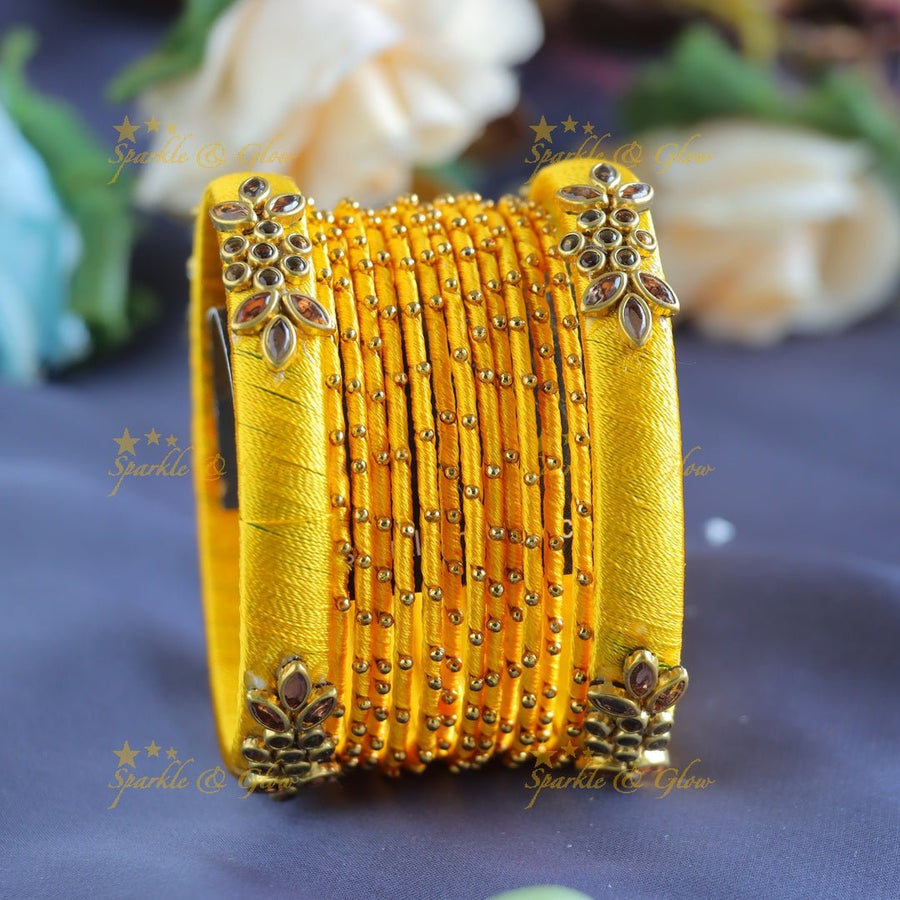 Beautiful Floral Kundan work Silk thread bridal Bangles - Yellow - Sparkle and Glow - 1.10 - 