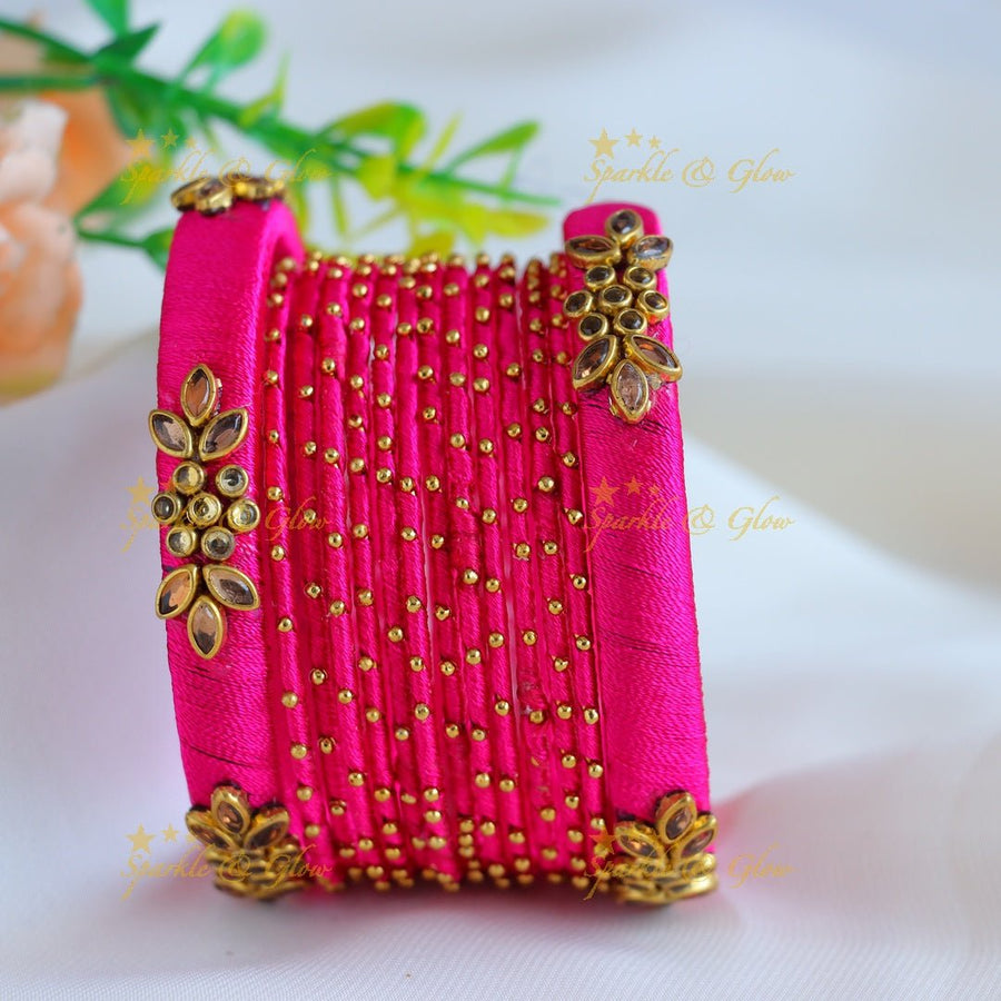 Beautiful Floral Kundan work Silk thread bridal Bangles - Dark pink - Sparkle and Glow - 1.10 - 