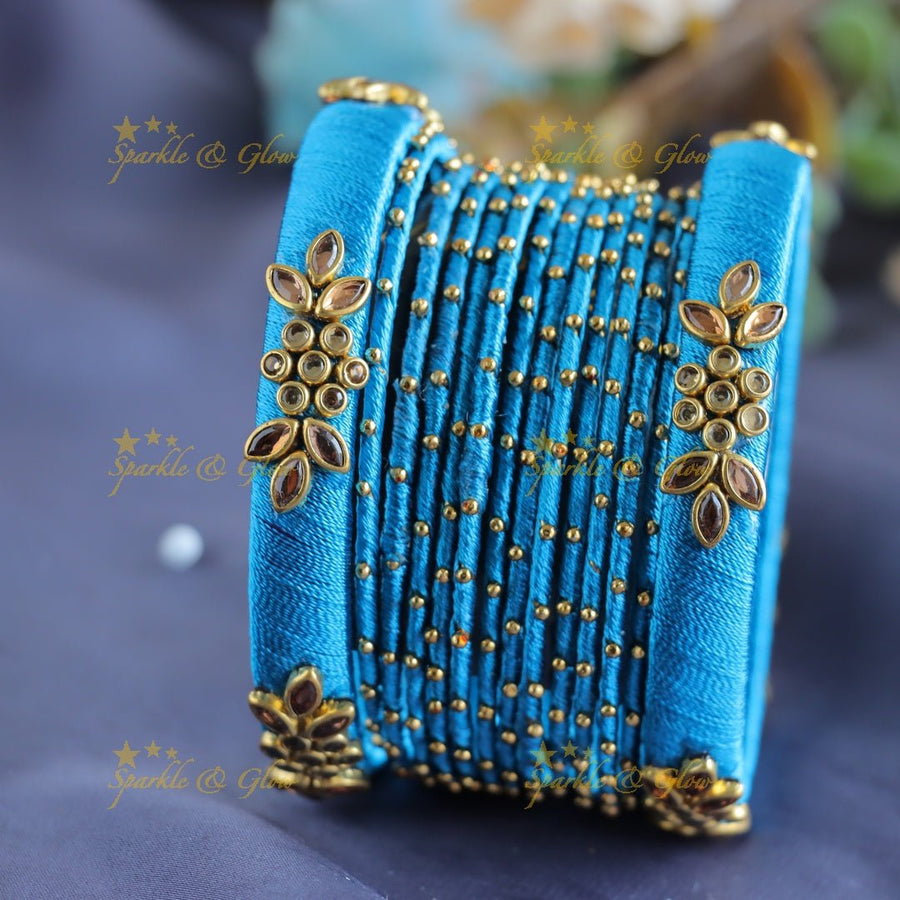 Beautiful Floral Kundan work Silk thread bridal Bangles - Skyblue - Sparkle and Glow - 1.10 - 