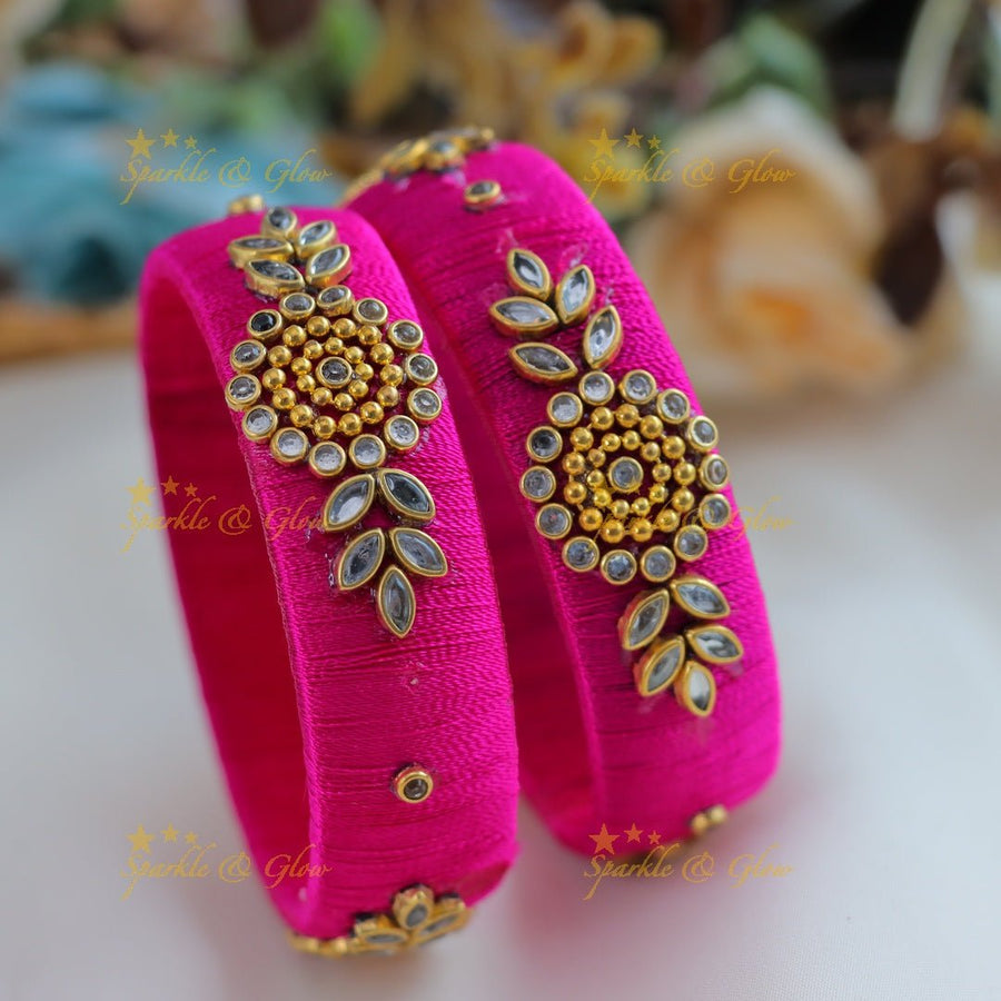 Stunning Flower and Leaf design Silk thread Bangles - Dark pink - Sparkle and Glow - 1.10 - 