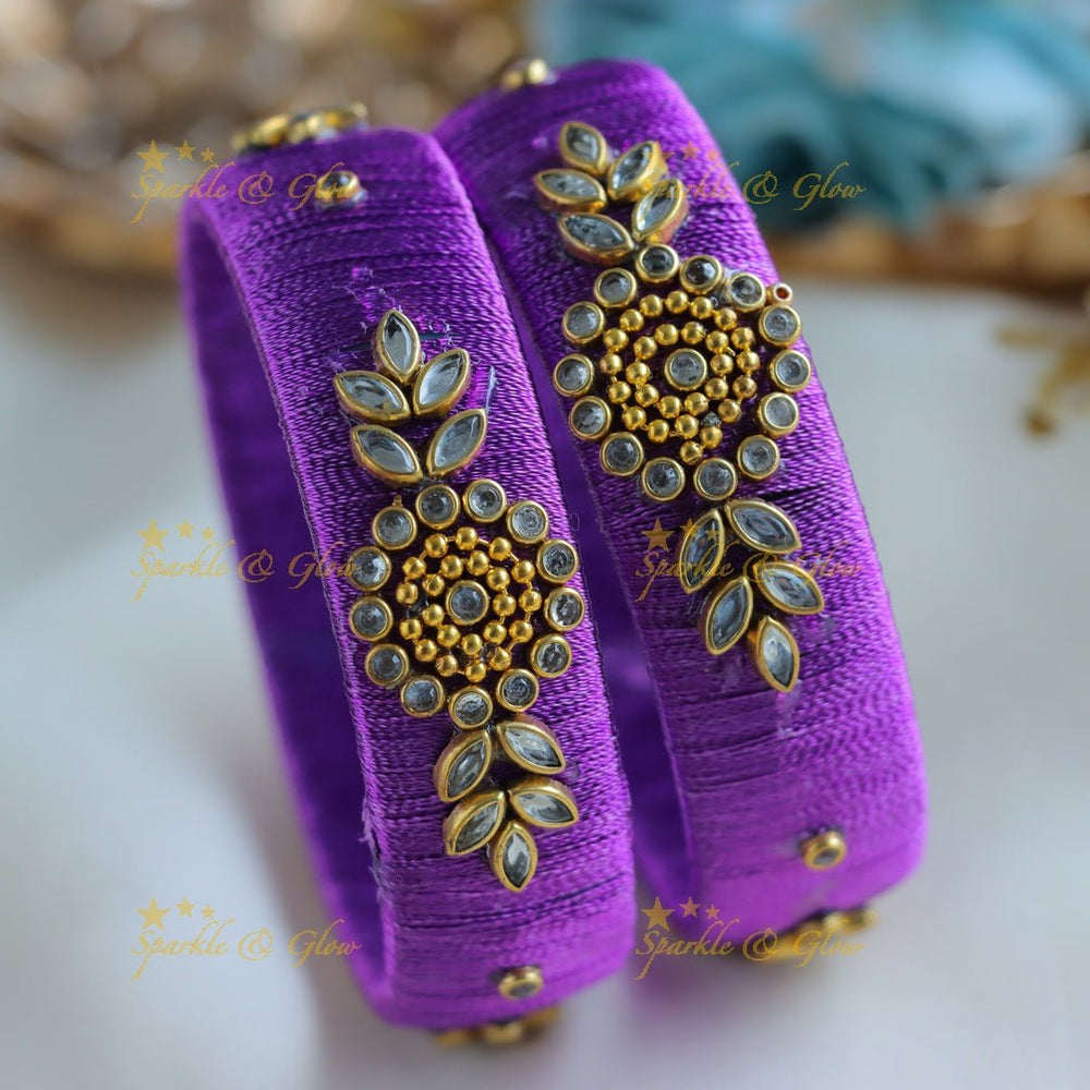 Stunning Flower and Leaf design Silk thread Bangles - Purple - Sparkle and Glow - 1.10 - 