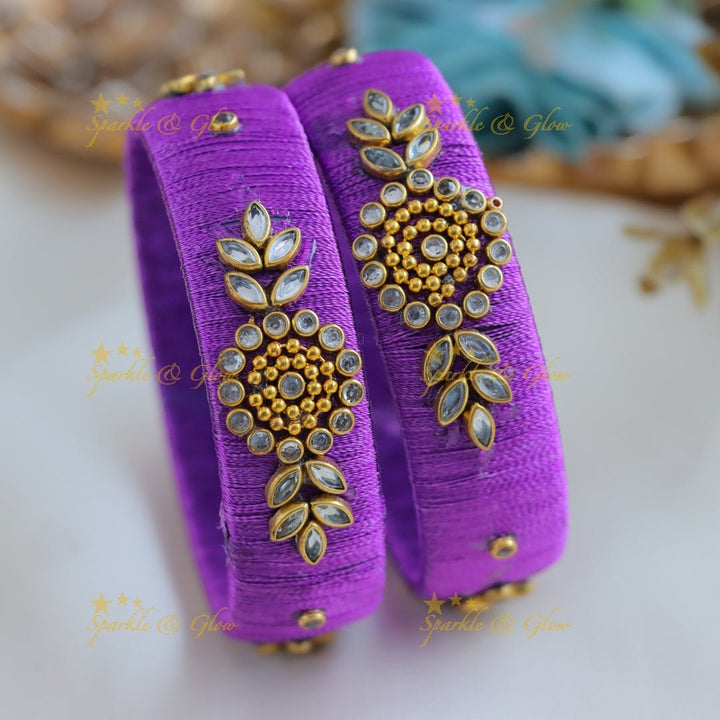 Stunning Flower and Leaf design Silk thread Bangles - Purple - Sparkle and Glow - 1.10 - 