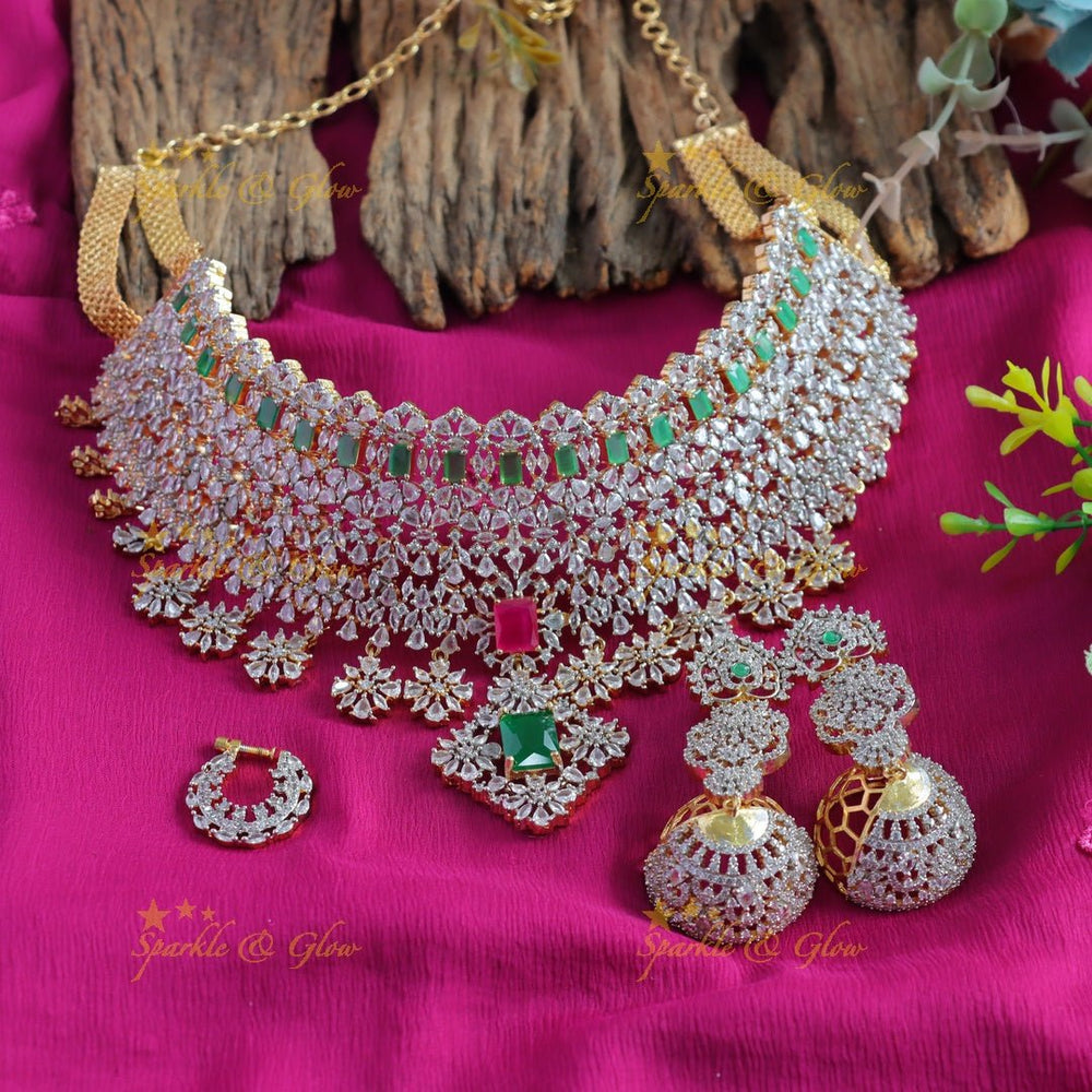 Sparkling bridal american diamond short necklace with multi stones and nosepin - Sparkle and Glow - Back Thread - 