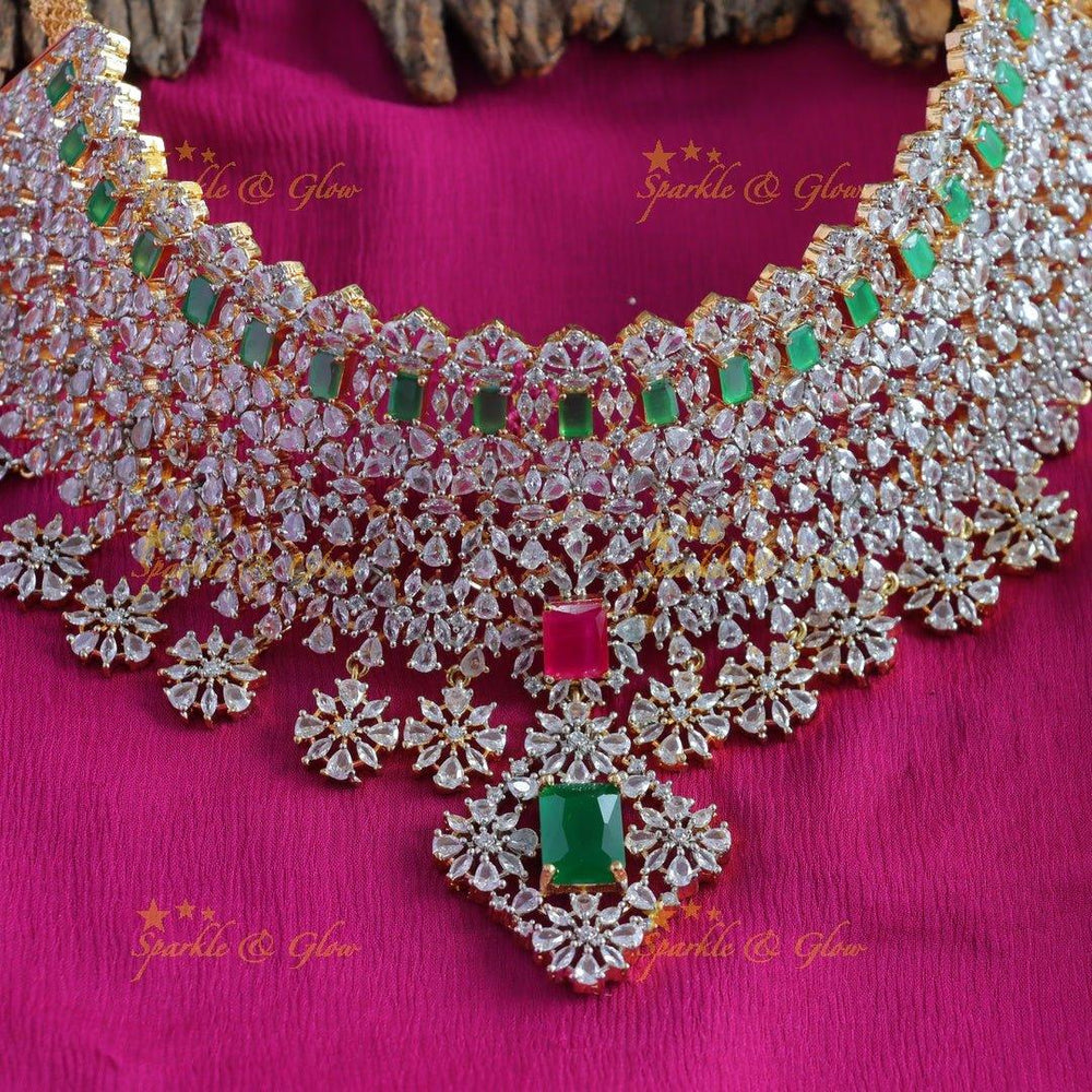 Sparkling bridal american diamond short necklace with multi stones and nosepin - Sparkle and Glow
