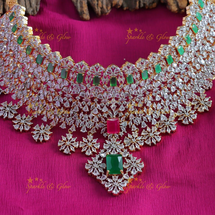 Sparkling bridal american diamond short necklace with multi stones and nosepin - Sparkle and Glow - Back Thread - 