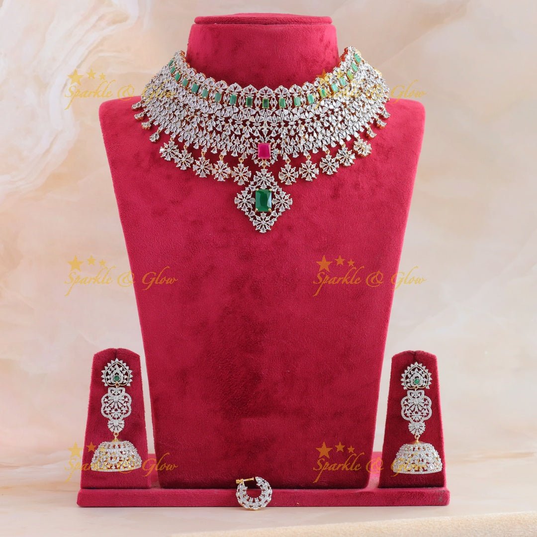 Sparkling bridal american diamond short necklace with multi stones and nosepin - Sparkle and Glow - Back Thread - 