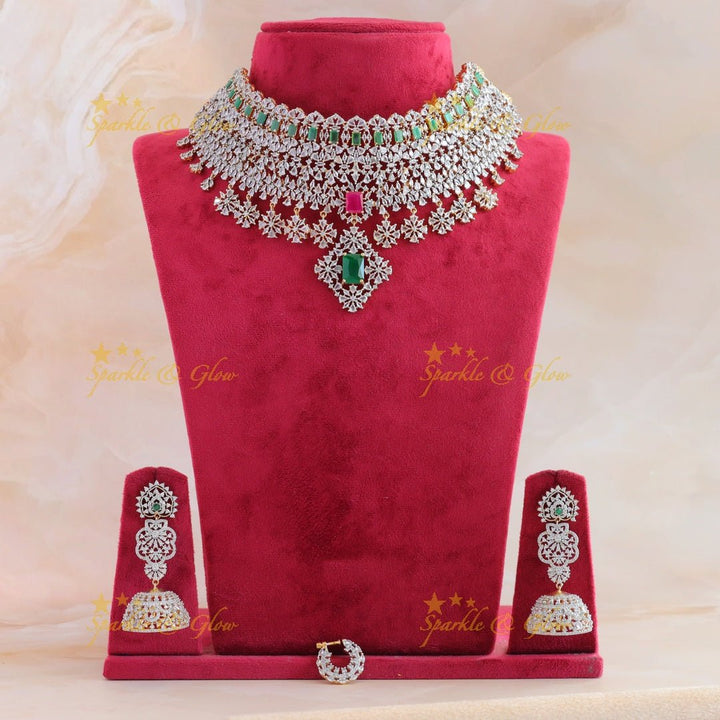Sparkling bridal american diamond short necklace with multi stones and nosepin - Sparkle and Glow - Back Thread - 