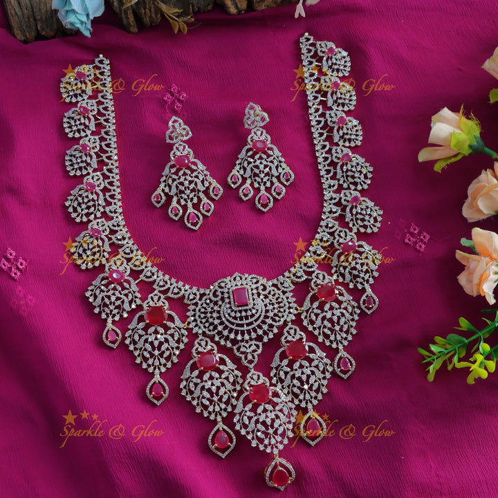 Grand Floral Leaf design American diamond Haram with Ruby drop