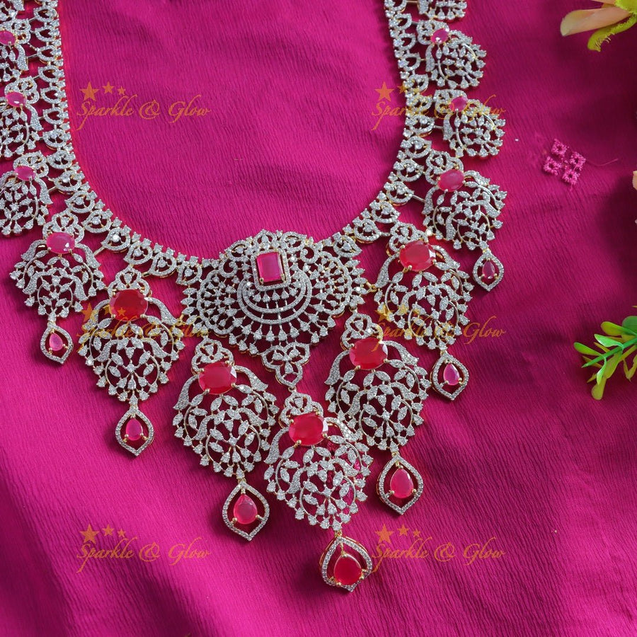 Grand Floral Leaf design American diamond Haram with Ruby drop - Sparkle and Glow - Back Thread - 