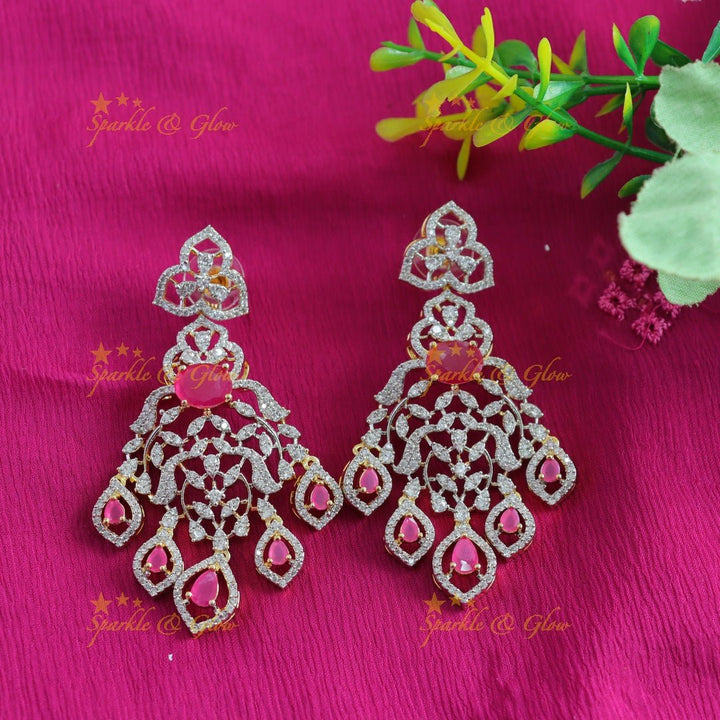 Grand Floral Leaf design American diamond Haram with Ruby drop - Sparkle and Glow - Back Thread - 