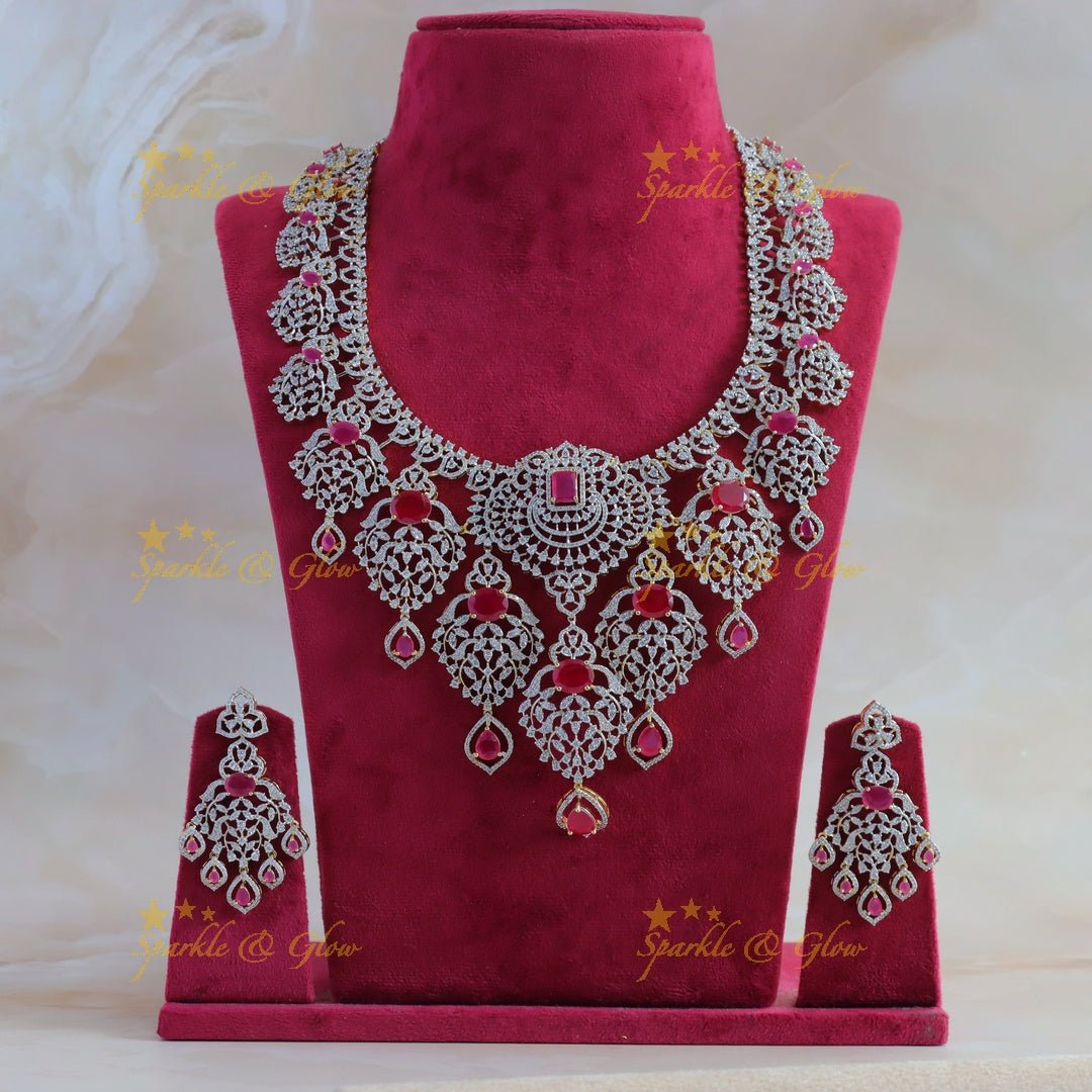Grand Floral Leaf design American diamond Haram with Ruby drop - Sparkle and Glow - Back Thread - 