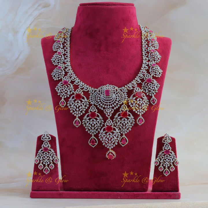 Grand Floral Leaf design American diamond Haram with Ruby drop - Sparkle and Glow - Back Thread - 