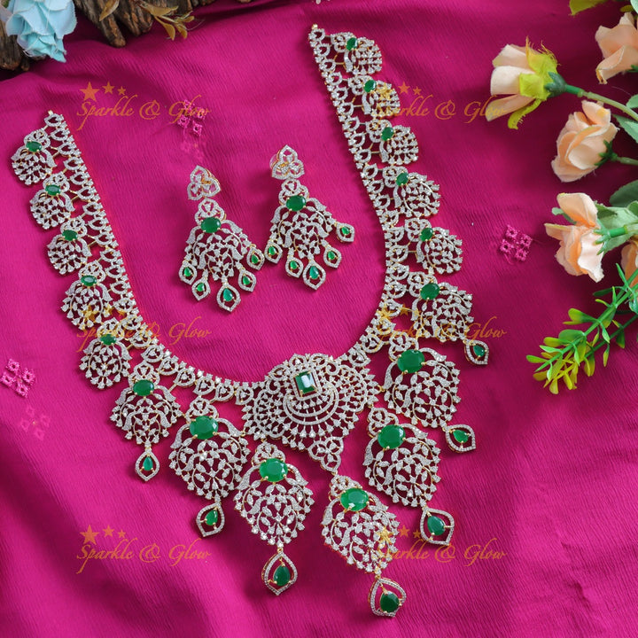 Grand Floral Leaf design American diamond Haram with Ruby drop