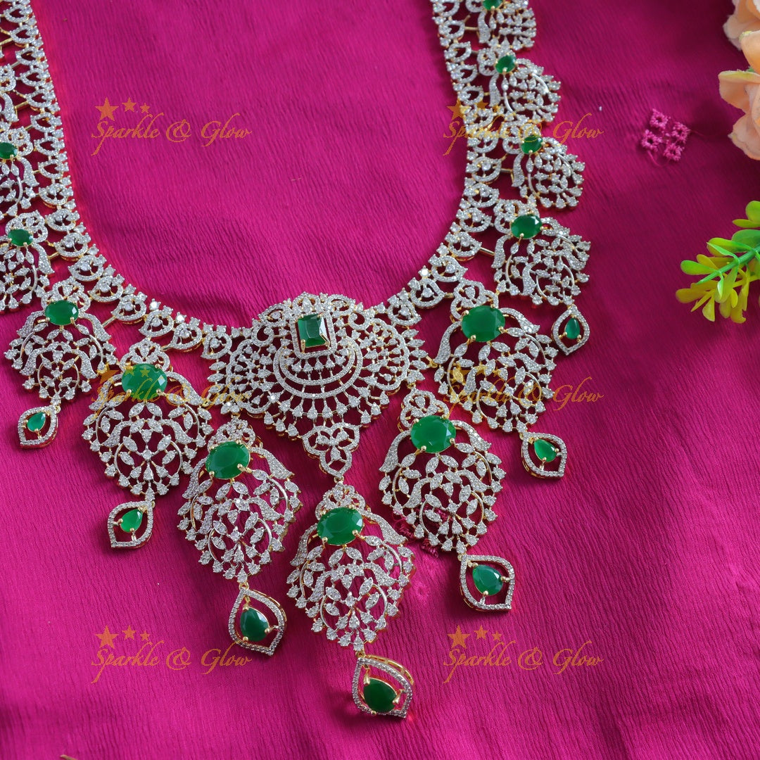 Grand Floral Leaf design American diamond Haram with Ruby drop