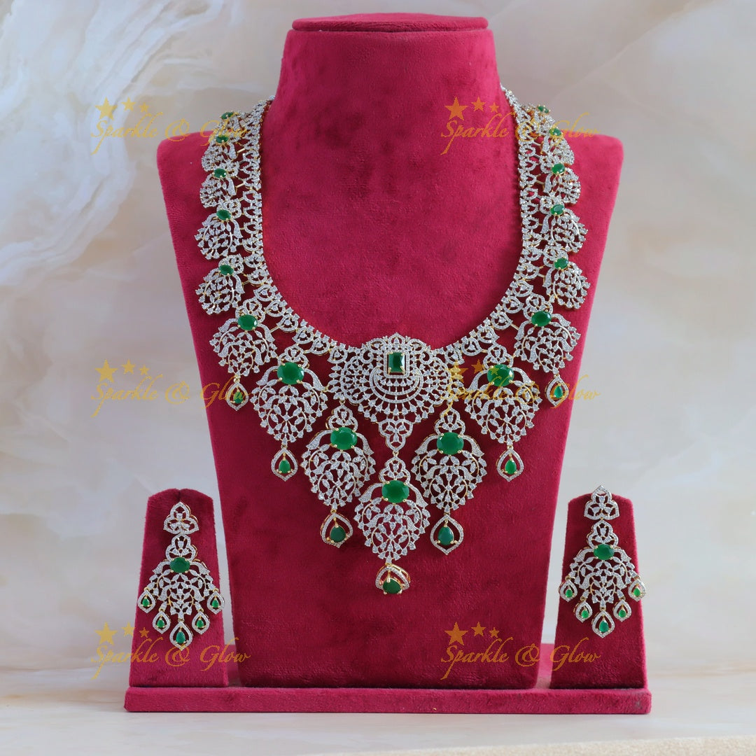 Grand Floral Leaf design American diamond Haram with Ruby drop