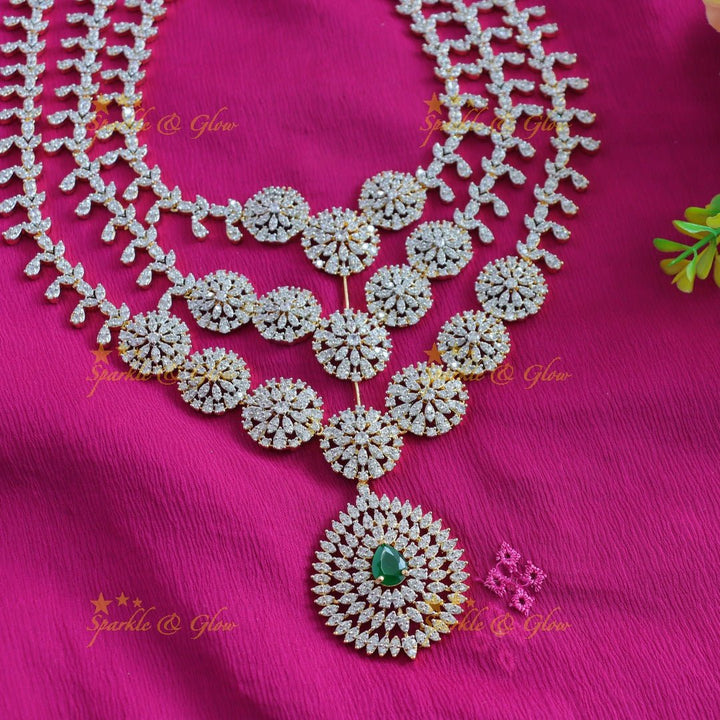 Grand Three Layered Floral pendant American diamond Haram - Sparkle and Glow - Back Thread - 